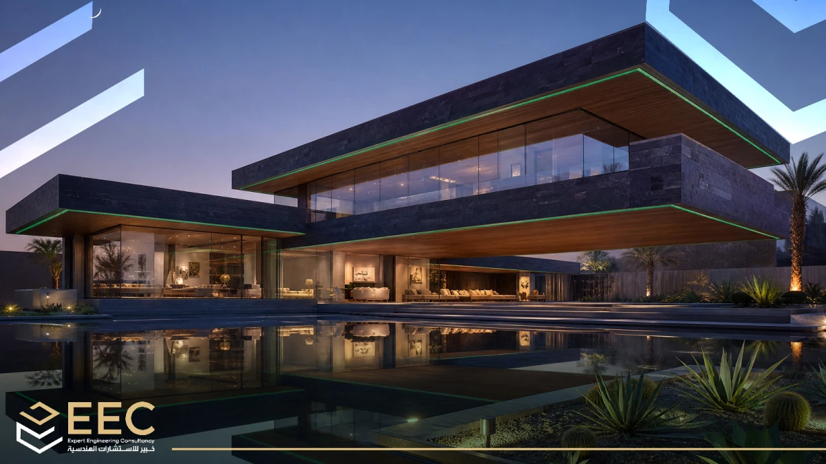 رخصة بناء سكني فيلا فاخرة بإضاءة معمارية المملكة العربية السعودية · المساحة 1,100م² · رقم المشروع 4350